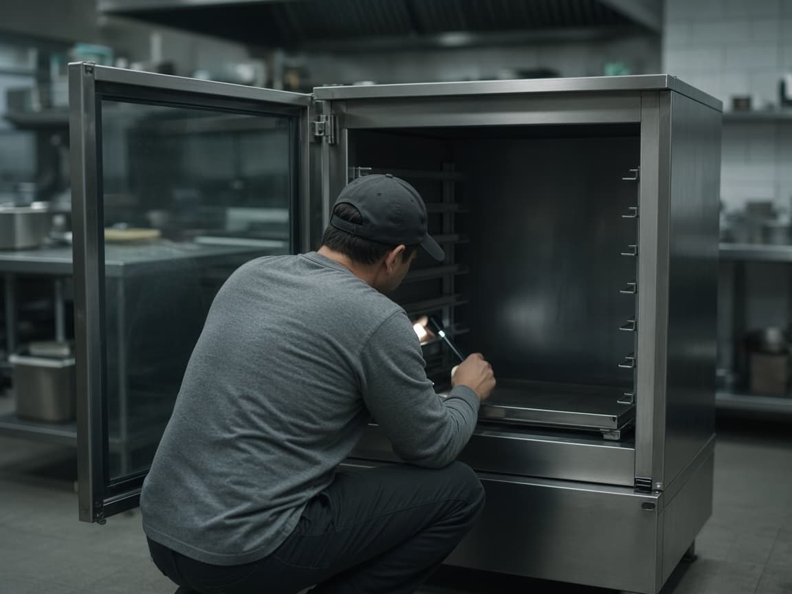 A technician working on an empty kitchen warmer