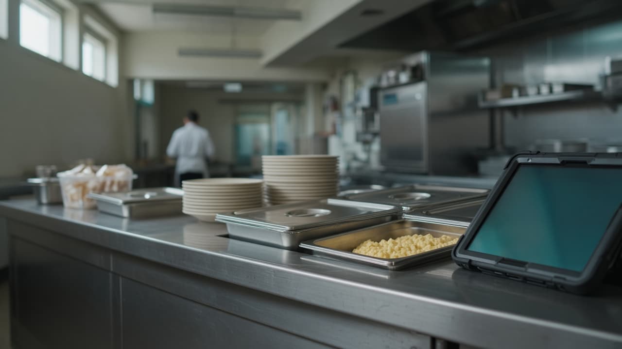 A quiet servery before breakfast, tablet on the pass